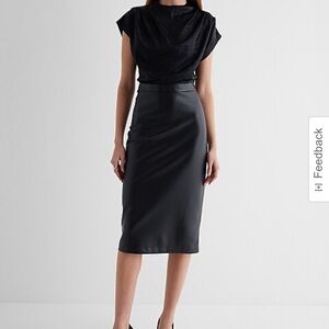 Express Metallic Draped Mock Neck Faux Leather Midi Sheath Dress